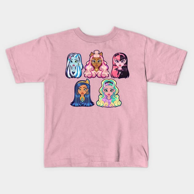 Monster High G3 Ghouls - Frankie, Clawdeen, Draculaura, Cleo, Lagoona Kids T-Shirt by Bratzoid